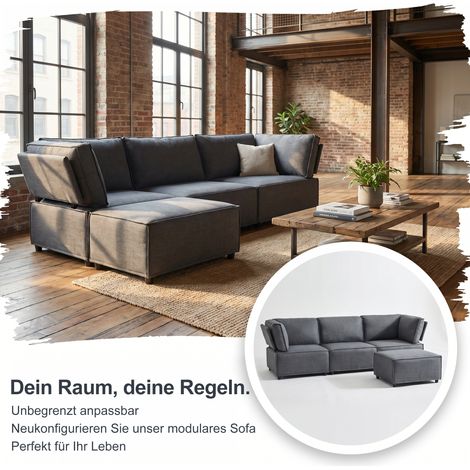Set di divani modulari in legno semicompattato, versatile e dagli stili diversificati, flessibile e facile da montare, adatto a vari ambienti abitativi, tessuto in lino grigio scuro (1/5)