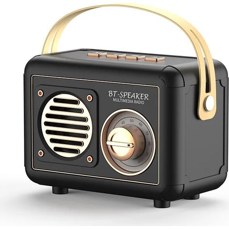 Radio FM rétro portable avec haut-parleur Bluetooth rétro, caisson de basses, lecteur TF/USB/casque, radio rechargeable (cadeau). (1/3)