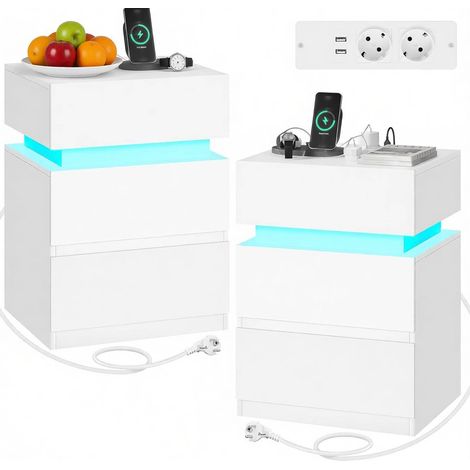 Set aus 2 weißen Nachttischen aus Holz mit verstellbarem LED-Licht und Ladestation MODENUIT (1/5)