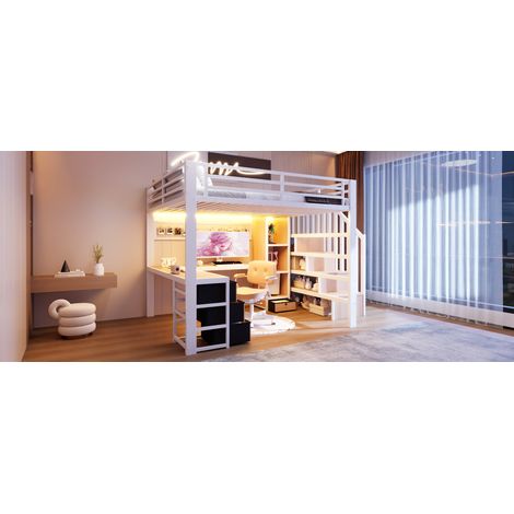 Hochbett Metall Weiß 140x200 cm mit Schreibtisch, 4 Schubladen, Stauraumtreppe und LED-Lichtleiste (1/5)