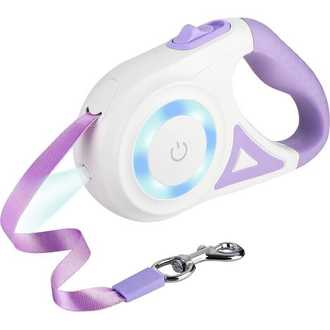 Laisse rétractable pour chien avec lumière, 5 m, extensible, sans nœuds, pour chiens de taille moyenne pesant jusqu'à 20 kg, violet (1/5)
