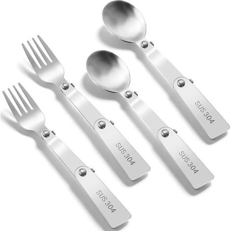 Ensemble de 4 cuillères et fourchettes pliantes en acier inoxydable, ustensiles de voyage pour le camping et les boîtes à lunch (Aucun) (1/5)