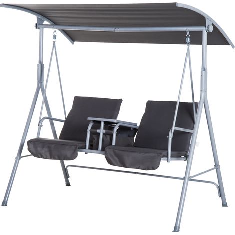 Outsunny Steel Frame 2-Seater  Swing Chair w/ Table Grey (1/5)