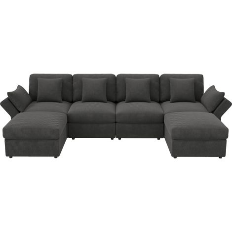 Sofá rinconera modular en U de pana gris con 2 pufs y reposabrazos ajustables (1/5)
