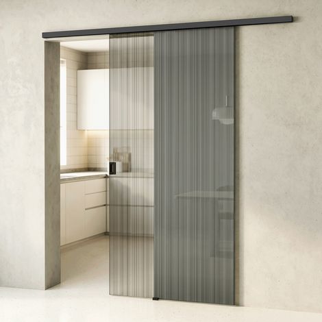doporro Glasschiebetür Komplettset Softclose 102,5 x 205 cm Schiebetür mit Sicherheitsfolie 8mm ESG-Sicherheitsglas Zimmertür Glas Schwarz gebürstet mit Quadratgriff Muranino-001 (1/5)