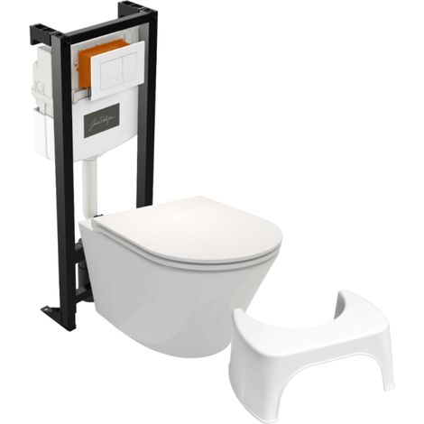 Pack WC suspendu sans bride JACOB DELAFON Rodin+ avec abattant + bâti support + plaque blanche + tabouret blanc (1/5)