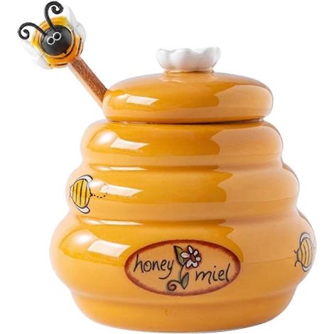 1 pot à miel avec couvercle et louche, distributeur de miel en céramique (1/5)