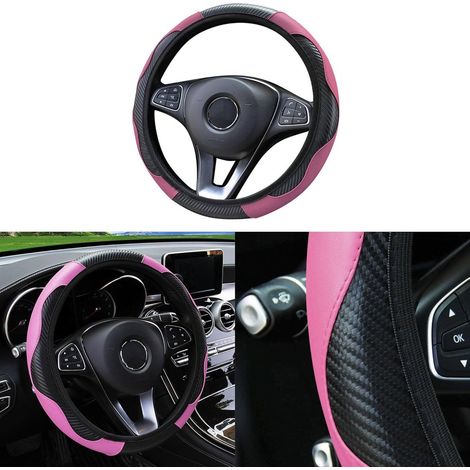 Housse de volant de voiture, en cuir PU antidérapant et respirant, noir et rose, convient aux volants de 37 à 38 cm. (1/5)