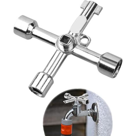 Clé universelle multi-usages, clé cruciforme adaptée aux robinets, compteurs de gaz, vannes (argent) (1/5)