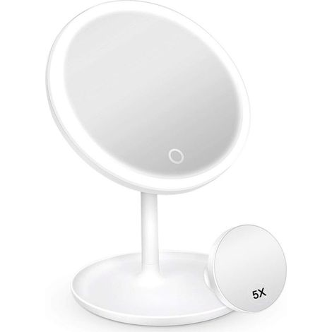 LED-Schminkspiegel – 3 Beleuchtungsmodi – Abnehmbare 5-fache Vergrößerung – 90° drehbar – Ablagefach – USB-aufladbar – 1 Stück (1/5)