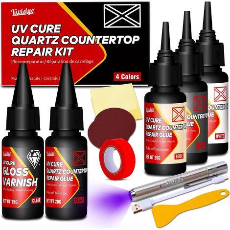 Kit Reparation Carrelage, Kit Réparation pour Receveur de Douche, Baignoires, Lavabos - Ils Comprennent 4 Options de Couleur, Lampe UV, Vernis - Réparer Rapidement la Fibre de Verre,Résine,l'acrylique (1/5)