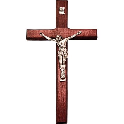 Crucifijo de pared de madera de 20 × 11,5 cm, cruz católica con Jesucristo, decoración de pared cristiana con aspecto platino. (1/5)