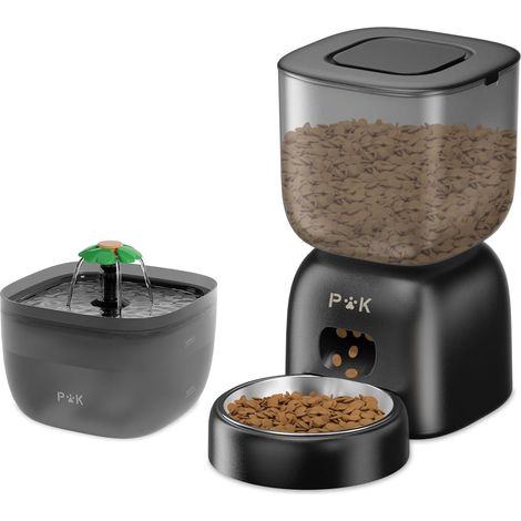 PUPPY KITTY PRO Futterautomat und Katzenbrunnen Combo, 10S Sprachaufforderung, 3L Futterspender, 2L Katzenbrunnen, Schwarz