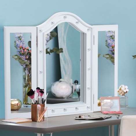 HOMCOM Miroir de Maquillage avec Lumière LED Miroir Pliable Triple de Table Cadeau Original pour Femme Charge avec Batterie Miroir Cosmétique avec Éclairage 73x53.5x4.5cm