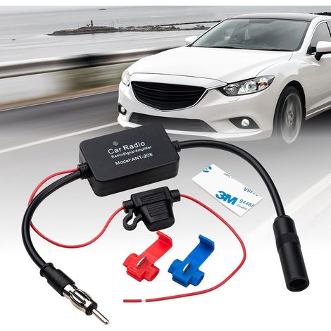 Amplificatore antenna autoradio, amplificatore antenna FM universale per auto 12V-24V, alto guadagno, basso rumore, 25db, con adesivo e clip rossa, per antenna radio FM per autoradio (1/4)