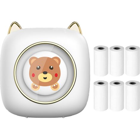 Imprimante d'étiquettes thermique Bluetooth C23 pour photos, carnets, journaux, reçus, imprimante White Bear avec 6 rouleaux de papier thermique et batterie au lithium intégrée