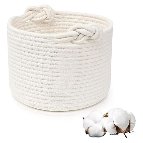 Panier de Rangement en Corde de Coton Tressée - Corbeille Décorative Polyvalente avec Poignées pour Chambre, Salon ou Salle de Bain (Blanc) (1/5)