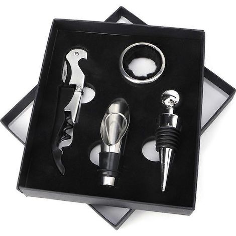 4-teiliges Weinbesteck-Geschenkset aus Edelstahl: Flaschenöffner, Korkenzieher, Flaschenverschluss, Ausgießer (1/5)