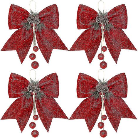 Lot de 2 nœuds de Noël, nœuds rouges en forme de couronne, nœuds à paillettes pour sapin de Noël, nœuds à sequins, 25 x 30 cm (9,8 x 11,8 po) (1/5)