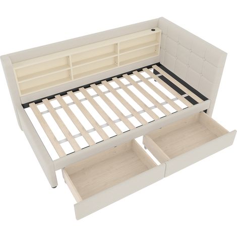 Tagesbett 90 x 200 cm mit 2 Schubladen, USB/Typ-C, Leinenbezug beige, mit Lattenrost (1/5)