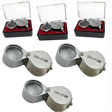 Lot de 3 loupes de bijoutier grossissantes 10x/20x/30x, corps rond en métal, lentille de 21 mm de diamètre, couleur argentée. (1/4)