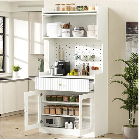 Aparador alto 80x40x180 cm blanco en MDF y tablero de partículas con LED, vidrio acanalado, cajón y estantes ajustables (1/5)