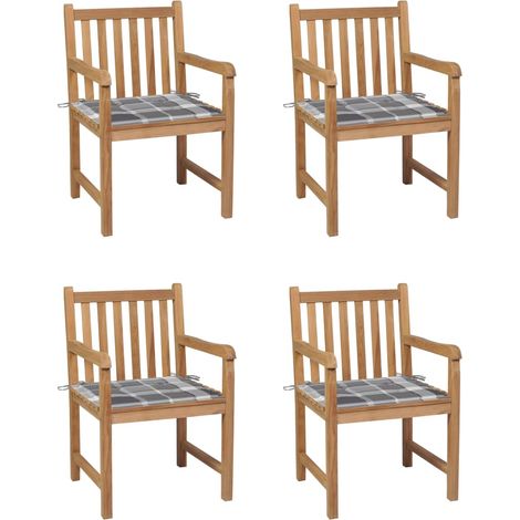 Sillas de jardín 4 uds madera maciza teca cojines cuadros gris