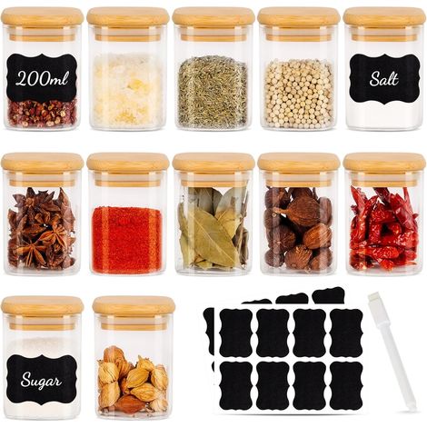 Solvant Lot de 12 Pot a Epices CarréS 200 ml HerméTiques avec Couvercle en Bois, pot Epices Verre, RéCipient à éPices, Ensemble de pots à éPices, Stockage d'éPices, Shaker à éPices, Stockage d'éPices (1/5)