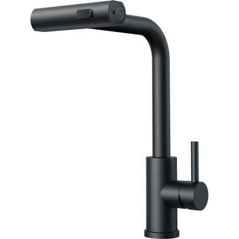 Robinet de cuisine cascade noir, rotatif 360° avec douchette. Acier inoxydable haute pression, levier unique, 3 modes de pulvérisation.