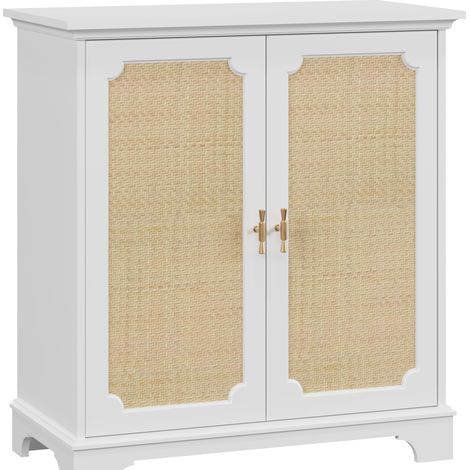 Aparador buffet de madera con puertas decorativas de ratán 80 x 38 x 86 cm blanco HOMVRA (1/3)