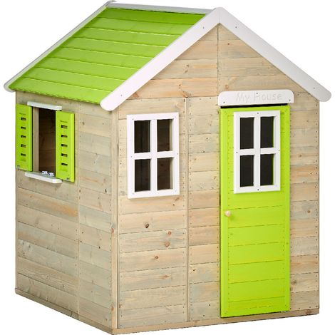 Cabane de jardin pour enfant en épicéa traité – Plancher intégré – Toit étanche – 3 fenêtres avec auvent – Dimensions 123x123x155 cm – Kangui (1/4)