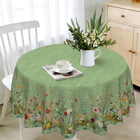 Nappe Ronde 140 cm Résistante aux intempéries Lavable - Polyester Motif Fleurs Vertes - Nappe d'extérieur pour Jardin, Cuisine, Salle à Manger, Balcon - pour 4-6 Personnes - Imperméable et Durable (1/5)