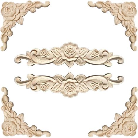 6 Pcs Moulure Decorative Bois Sculpté de Rose Fleur (Rose)  Floral Bois Sculpte Decal Coin Applique Vintage Bois Applique Meubles Style Européen Bois Sculpté Applique Non Peint (1/5)