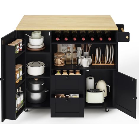 Îlot central de cuisine extensible Marron, desserte, avec 2 tiroirs, plan de travail, sur roulettes, 104x69x89cm (1/5)