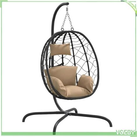 Fauteuil suspendu œuf - FAFEICY - 360047 - Rotin PE résistant - Cadre acier thermolaqué - Coussin taupe déhoussable (1/5)