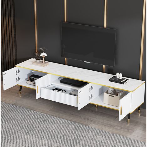 Meuble TV moderne blanc effet marbre 200 x 40 x 46 cm, 2 portes, 1 tiroir (1/5)
