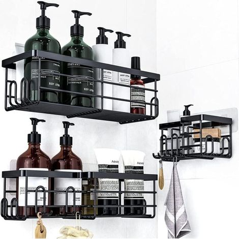 Étagère de douche autocollante (noire 3 en 1) sans perçage - Porte-shampoing et accessoires de douche sans perçage - Étagères de salle de bain adhésives - Porte-détergent de salle de bain (1/4)