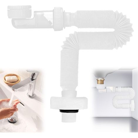 Siphon d'évier, siphon compact de 3,2 cm (1 1/4 pouce), tuyau de vidange flexible ajustable à 360° avec piège à odeurs, convient aux éviers de cuisine et de salle de bain, compatible avec la plupart d (1/5)