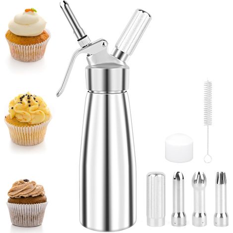 500ml Siphon Chantilly, Siphon de Chantilly Decorating Gâteaux et Desserts, Syphon à crème en Aluminium avec 3 Douilles en Acier Inoxydable et 1 Brosse de Nettoyage, pour Mousses et Crèmes (1/5)