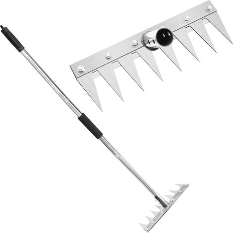 Râteau de Jardin 8 Dents avec Manche Métallique 1,2 m, Outil de Désherbage Manuel, Griffe de Jardin Portable pour Ameublir Le Sol, Désherber et Semer (1/5)
