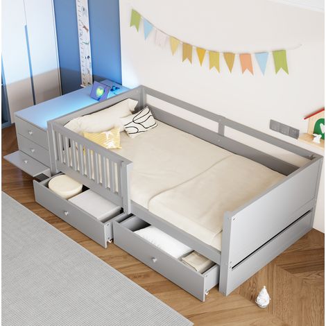 Hochbett 90x200 cm grau aus Holz mit separatem Stauraum, LED-Beleuchtung, Steckdose und Sicherheitsgitter (1/5)