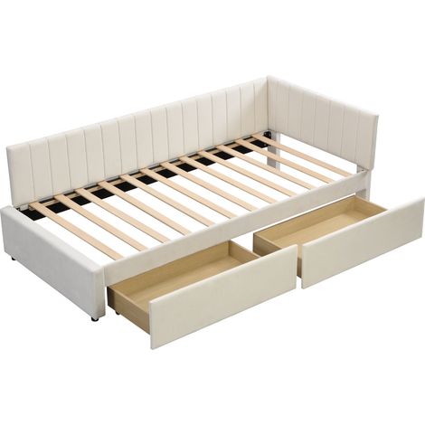 Cama tapizada 90 x 200 cm con 2 cajones y somier de láminas beige (1/5)