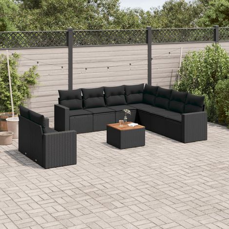Ensemble de jardin 10 places en résine tressée noire avec coussins - Salon d'extérieur modulaire avec table en acacia (1/3)