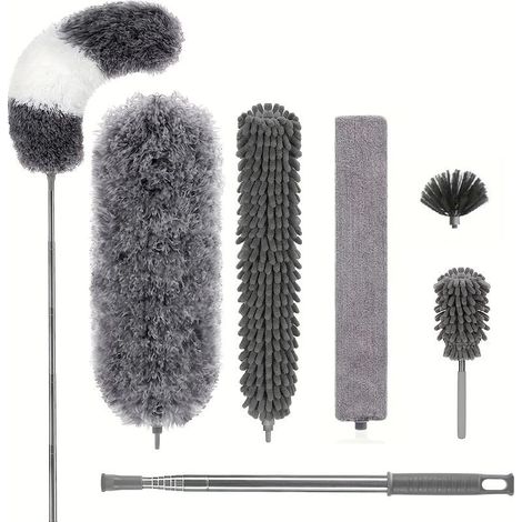 Lot de 7 Plumeau Poussière Télescopique Microfibre Nettoyage Kit avec Poignée Inoxydable Lavable Têtes Amovibles Balai Antipoussière (1/4)
