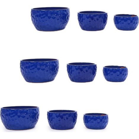 9er-Set teiliges handgemachtes Keramikpflanztopf-Set (Ø 38,1/30,5/25,4cm), kobaltblaue Hammermuster-Oberfläche, ideal für Sukkulenten/Veilchen, Innen/Außen, Fensterbänke/Bücherregale, atmungsaktive To