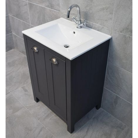 Derby 600mm Vanity Unit Bathroom Storage In Dark Grey Inc Ceramic Basin Sink, No Tap (1/4)