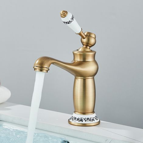 Robinet de lavabo antique en laiton – Mitigeur monocommande eau chaude et froide, style classique pour salle de bain (1/5)