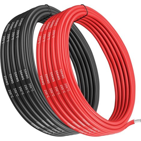 Fil en silicone de calibre 10, 10 AWG 5,26 mm², câble électrique 5 m [2,5 m noir et 2,5 m rouge], fil flexible 1050 brins de 0,08 mm en cuivre étamé haute température pour voitures (1/5)