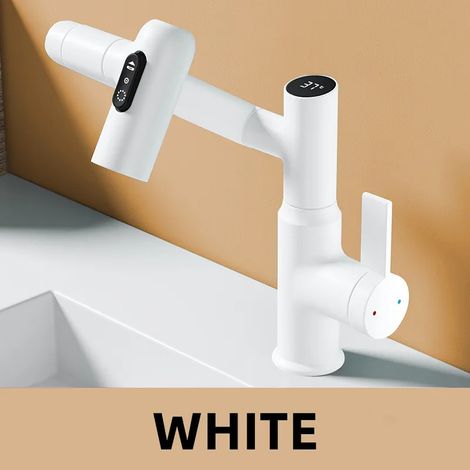Robinet de lavabo (blanc) à affichage numérique LED avec pommeau de douche multifonctionnel rotatif à 360° pour le mélange d'eau chaude et froide