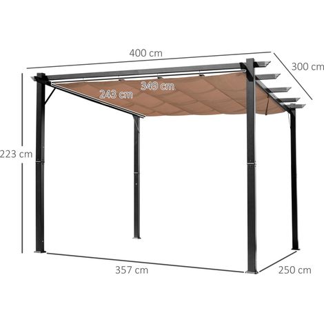 Outsunny Pergola Pavillon mit einstellbarem Stoffdach 3 x 4 m Terrassen-Vordach Aluminium Sonnenschutz Überdachung Terrasse Garten Grau+Braun